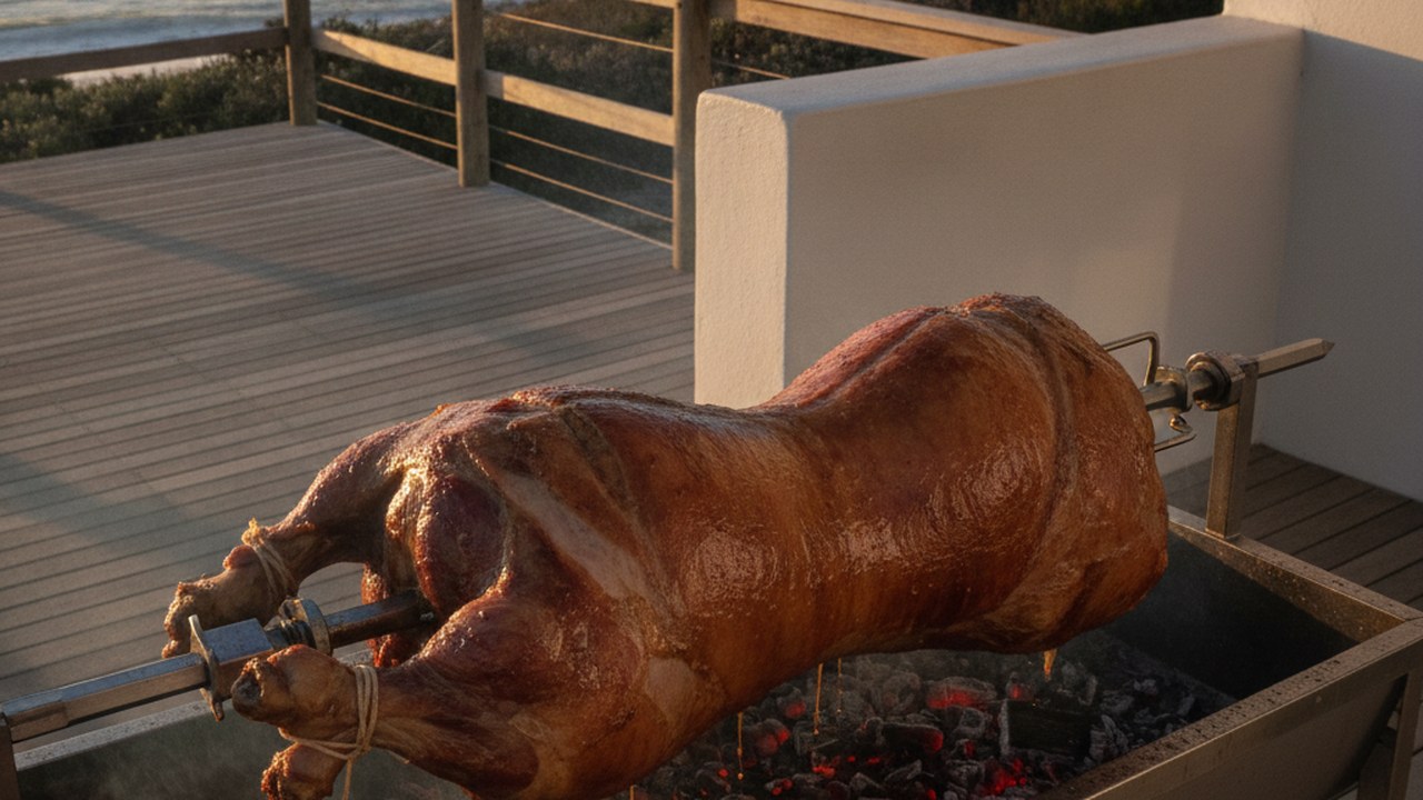 Spit braai catering in Blouberg - a whole lamb roasting on a coastal villa deck at Bloubergstrand, the spit set in the lee of a wall out of the south-easter