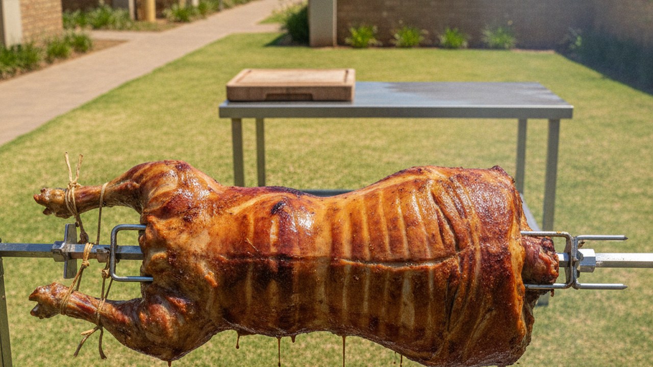 Spit braai catering in Brackenfell - a compact spit, prep table and carving board set up on a shared townhouse-complex lawn