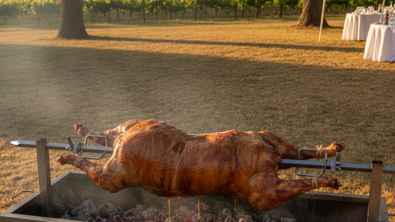 Spit braai catering in Durbanville - a whole lamb on the spit on a wine-estate lawn with vineyard rows and the Tygerberg hills behind