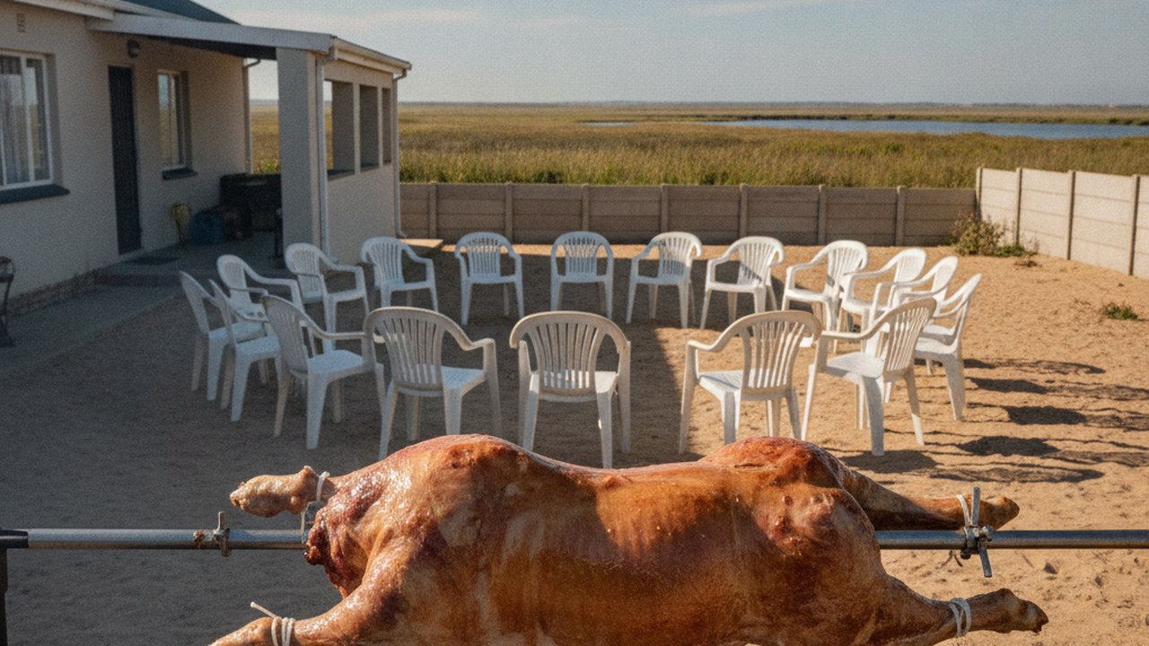 Spit braai catering in Grassy Park - a whole lamb roasting in a Cape Flats back garden with chairs set out for a family gathering