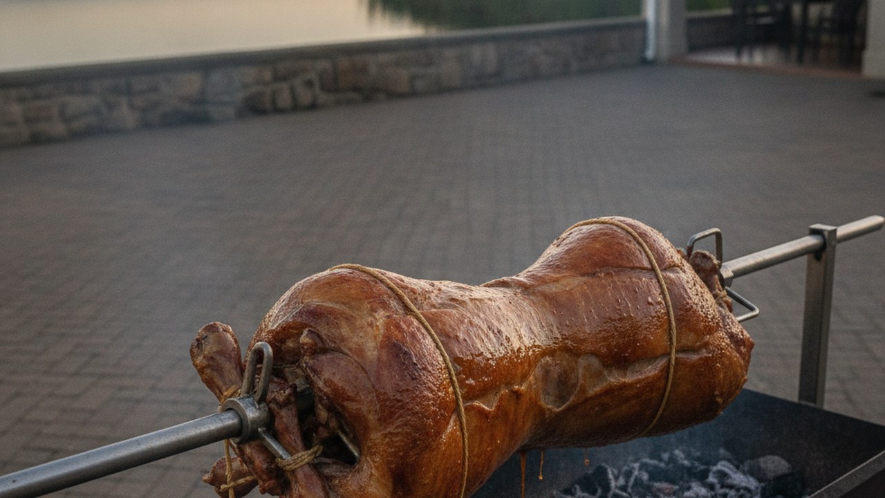 Spit braai catering in Milnerton - the spit set in the shelter of a complex courtyard beside the Milnerton lagoon