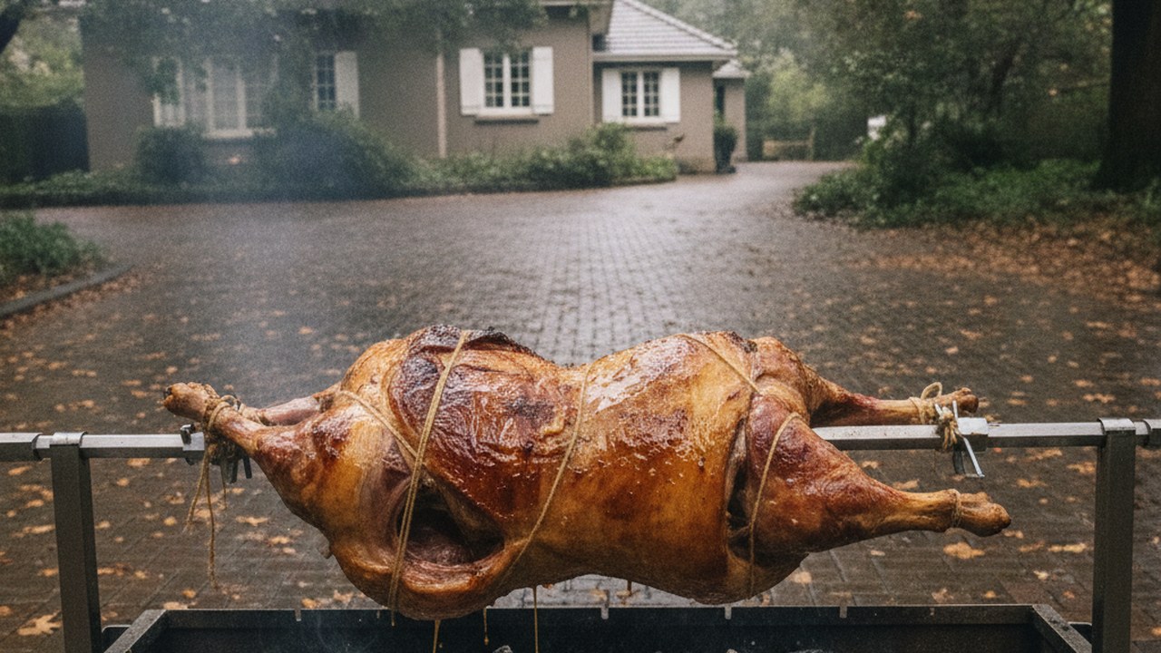 Spit braai catering in Rondebosch - the spit on a paved driveway clear of the dripping oaks after Cape Town rain