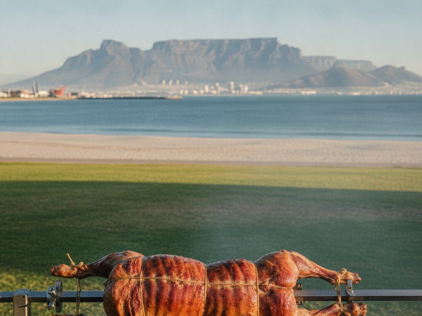 Spit braai catering in Table View - a whole lamb on the spit on a beachfront lawn looking south across Table Bay to Table Mountain
