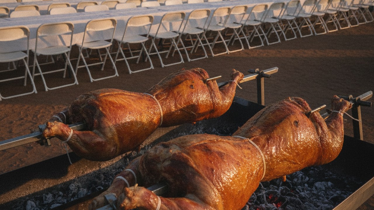 Spit braai chefs in Langa - two whole lambs roasting side by side beside a community hall set for a few hundred guests