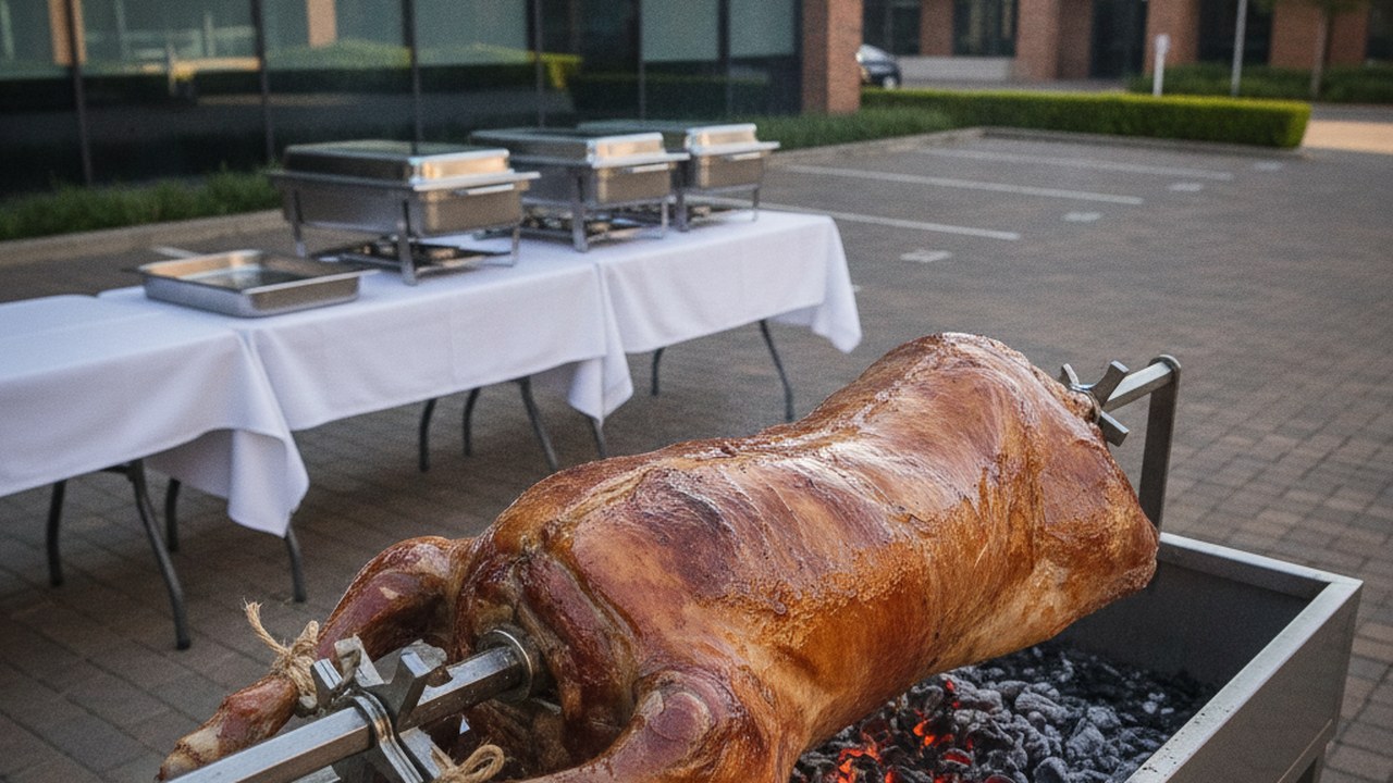 Spit braai hire in Bellville - a whole lamb on the spit at a corporate year-end function behind a Northern Suburbs office park