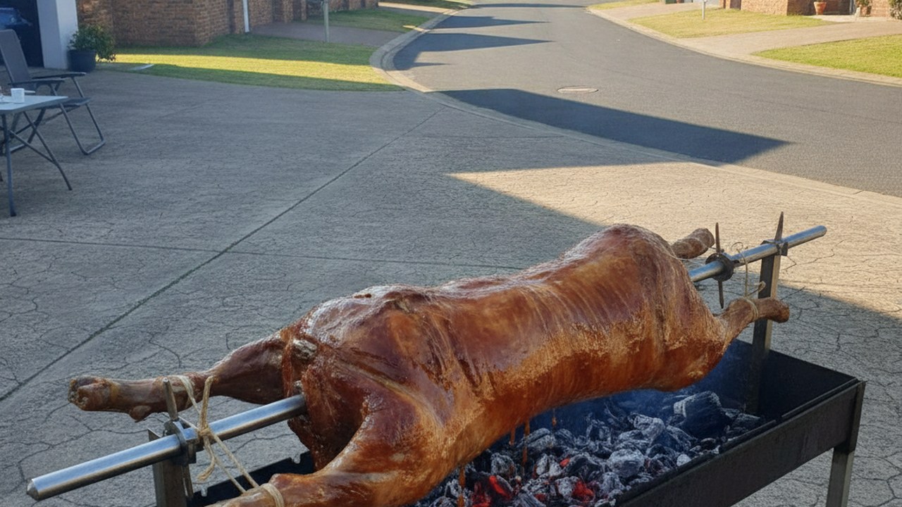 Spit braai hire in Edgemead - a hired spit set up on a wide driveway in a quiet cul-de-sac