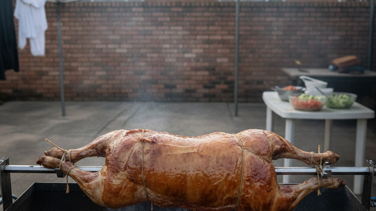 Spit braai hire in Goodwood - a hired spit running in a plain concrete back yard with salads laid out alongside