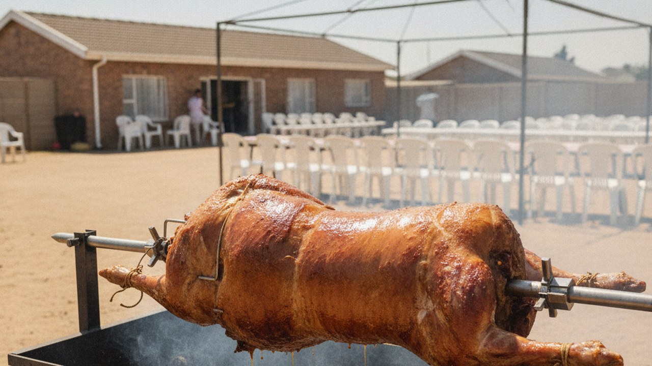 Spit braai hire in Mitchells Plain - a whole lamb on the spit at a large family gathering with trestle tables and chairs set out