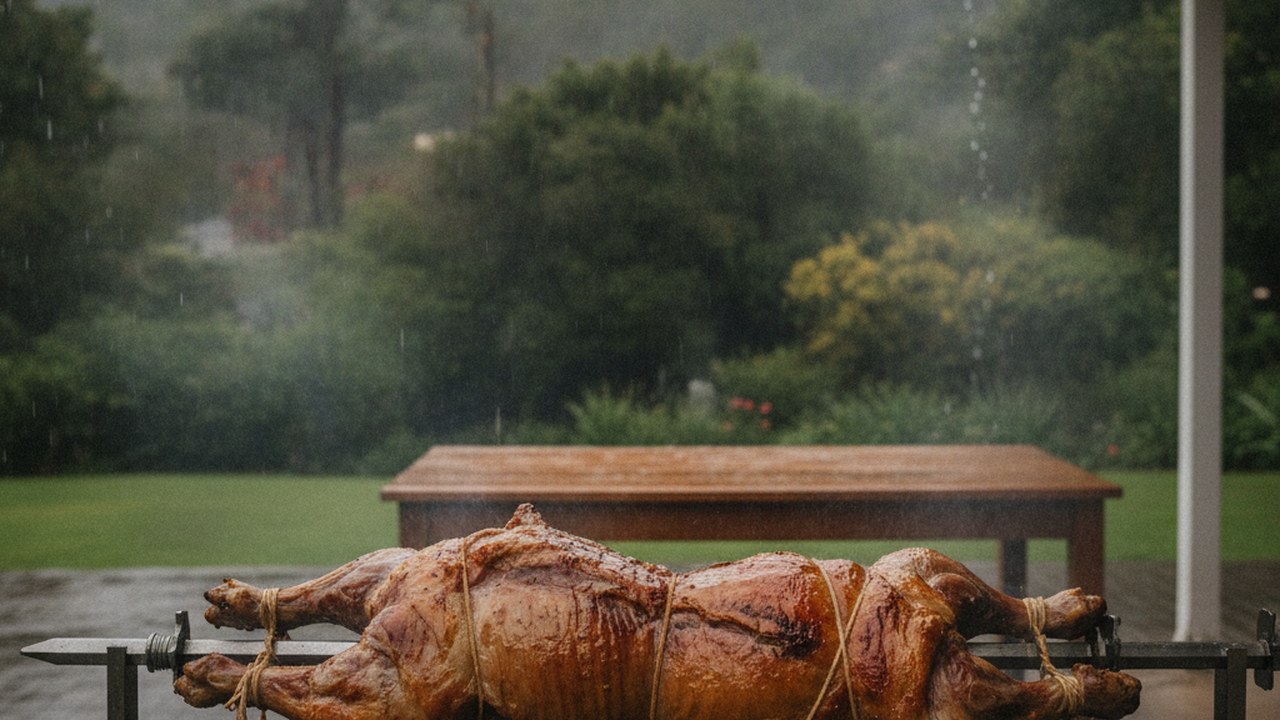 Spit braai hire in Newlands - the spit set under a covered veranda edge while rain falls beyond the drip line