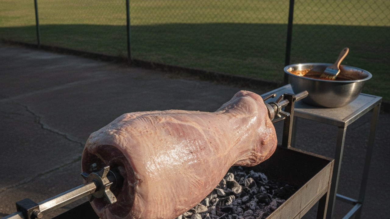 Spit braai hire in Ottery - a whole lamb just loaded onto the hired spit mid-morning over freshly lit coals