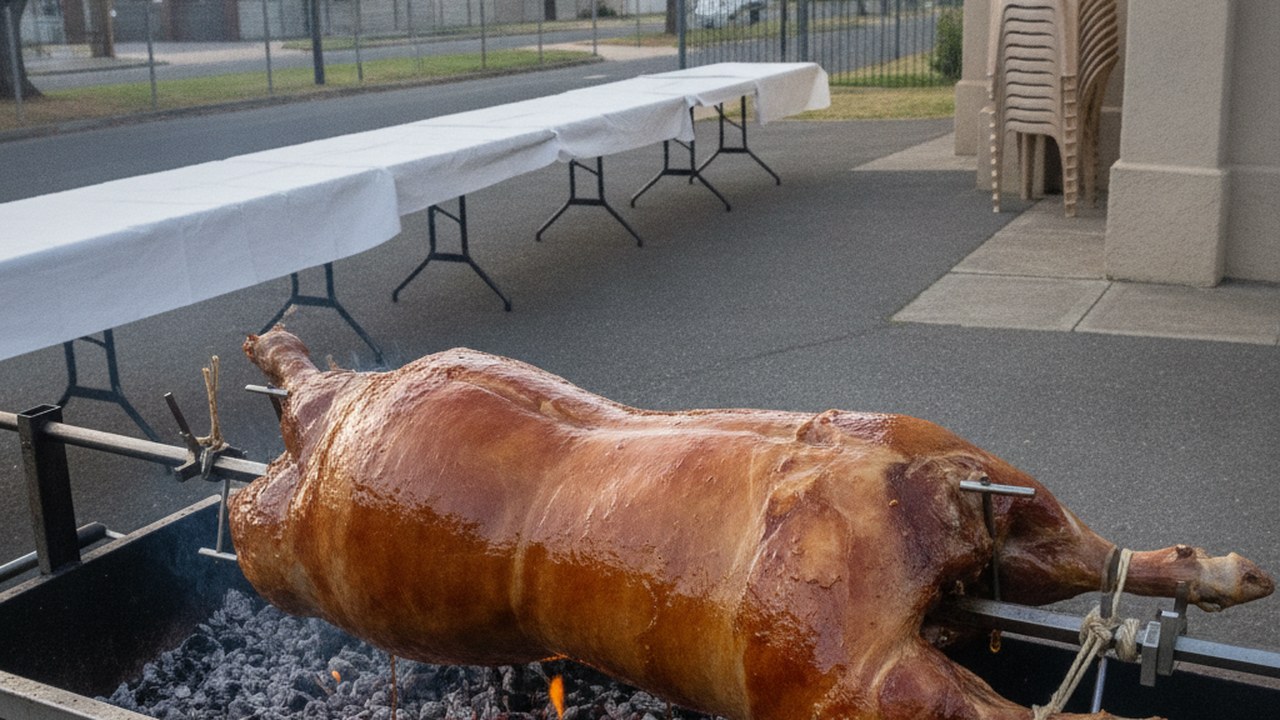 Spit braai hire in Parow - a whole lamb on the spit beside a church hall with trestle tables laid for a function