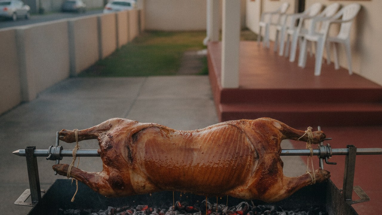 Spit braai hire in Retreat - a whole lamb on the spit beside a red-polished stoep with chairs set along the wall